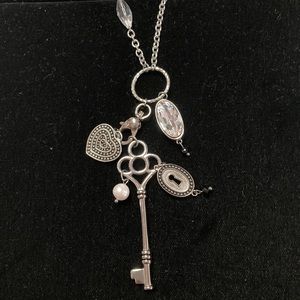 Multi-Charm long necklace Crystal, Glass Pearls, Howlite & Stainless Steel 32”